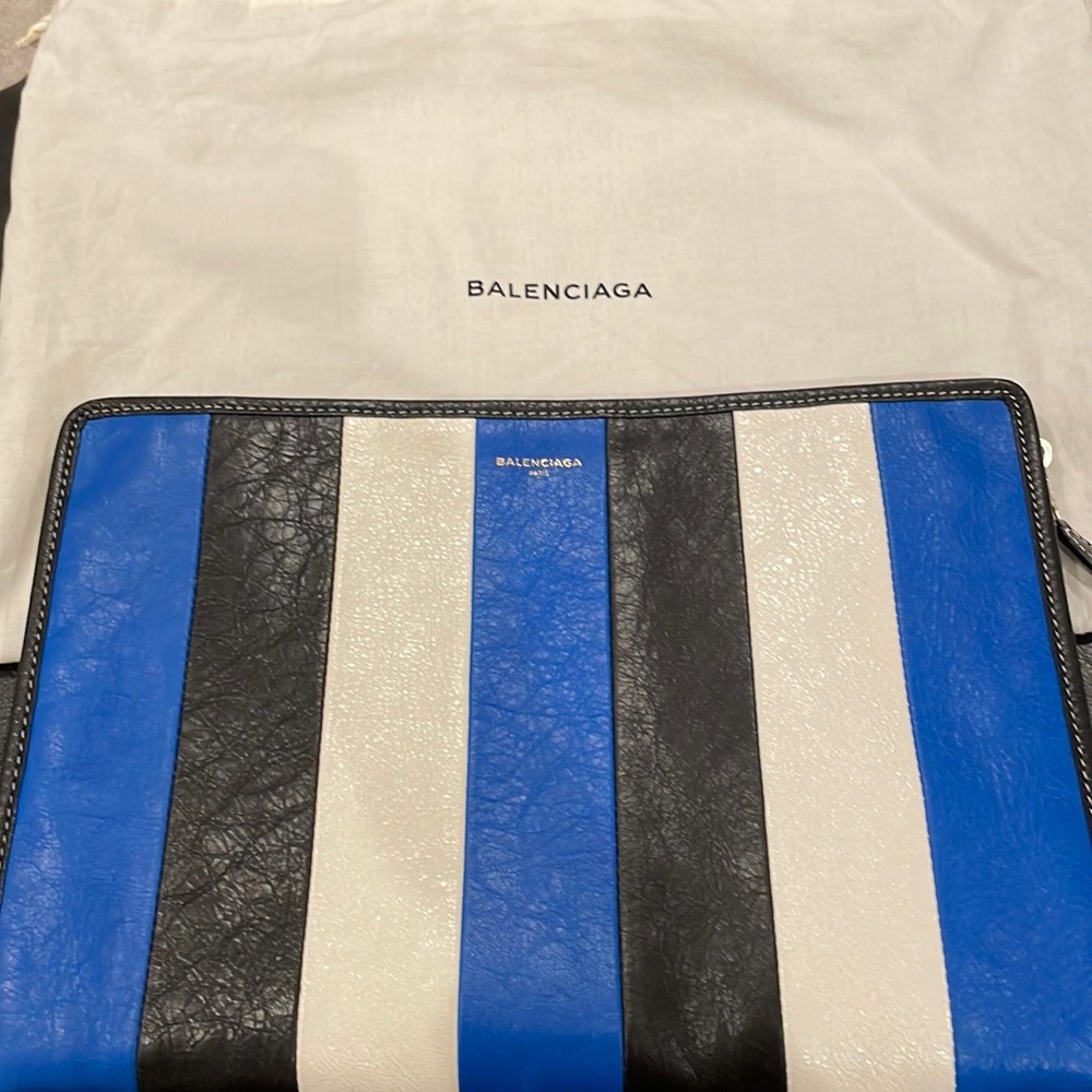 Balenciaga bazar clutch in blue stripe, mint condition.